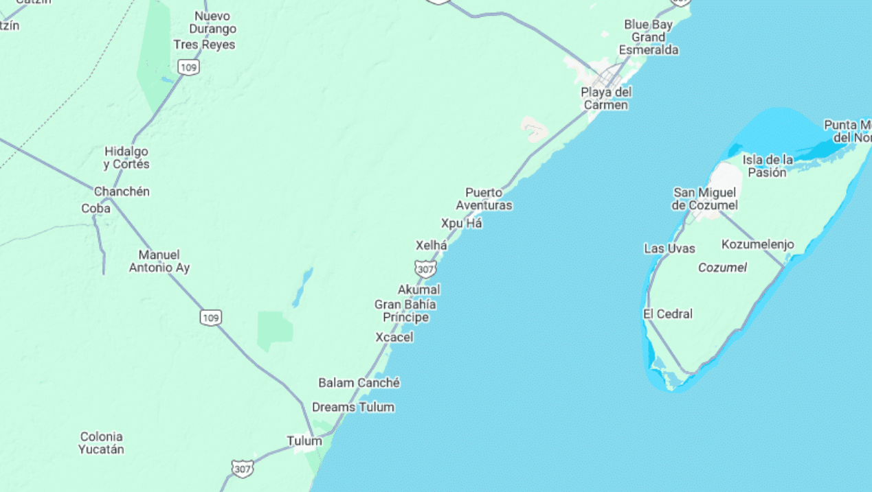 Map of the Yucatán Peninsula with Tulum, Akumal, Xpu Ha, Xel Ha, Playa del Carmen, Cozumel, Isla de la Pasión, and parks.