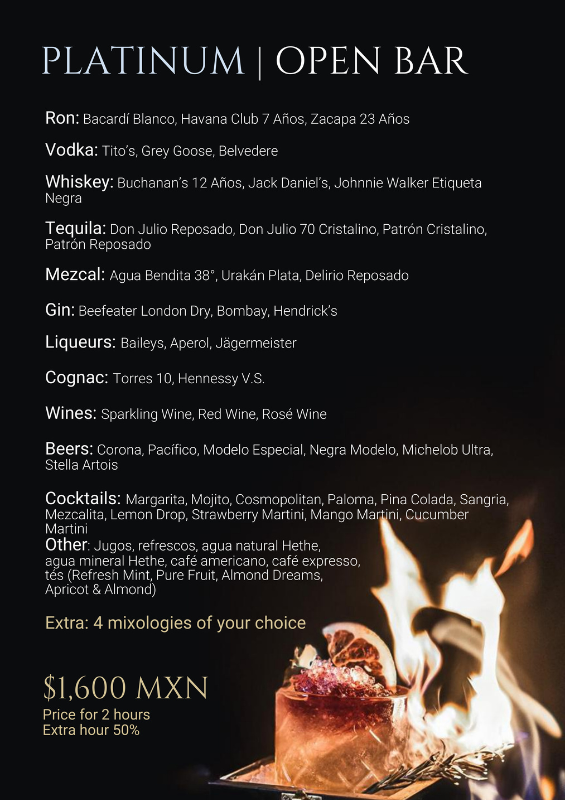 Platinum Open Bar menu at Rosa Negra shows spirits and cocktails, with colorful drinks on ice below. Price: 1,600 MXN/2hrs.