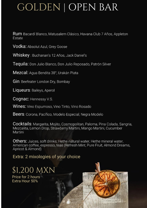 Golden Open Bar menu at Rosa Negra: spirits, wine, beer, cocktails for 1,200 MXN. Shown with cocktail garnished with lime.
