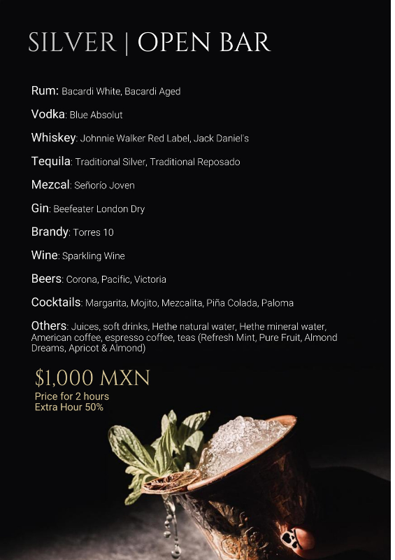 A copper mug cocktail with mint garnish sits on a dark surface next to a Rosa Negra menu listing drinks and prices.