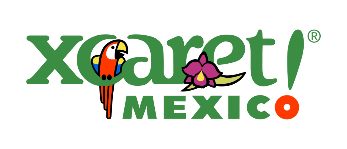 Green "Xcaret Mexico" logo with a parrot on the X, purple flower and green leaves around A and E, and orange O at the end.