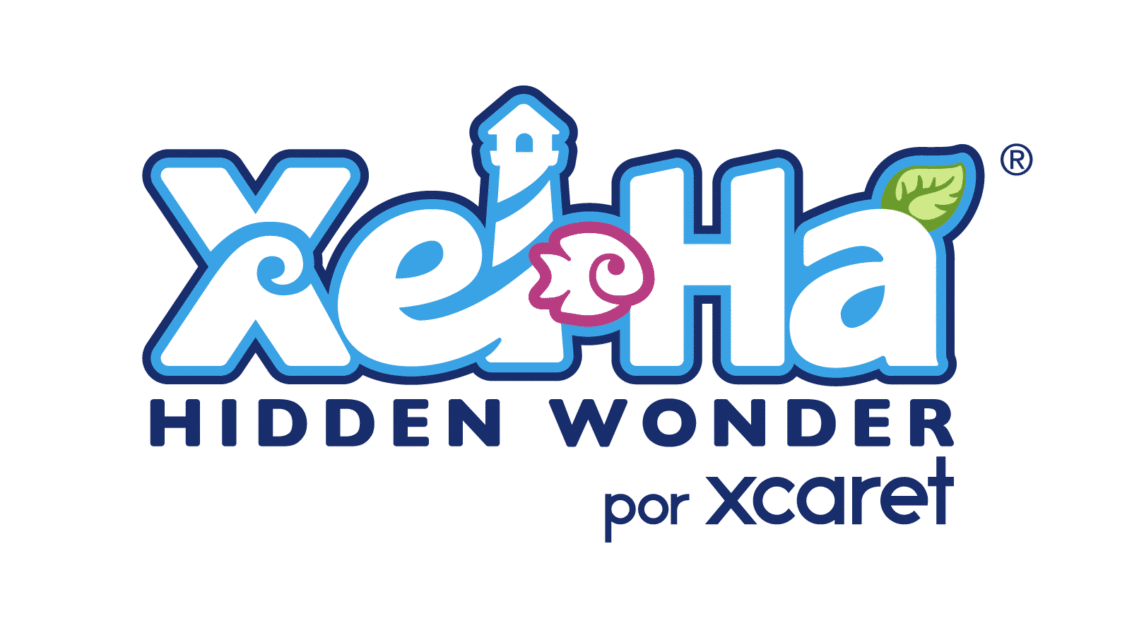 Xel-Há logo with blue-white letters, lighthouse as “l,” pink seashell in “H,” green leaf above “a.” Text: “HIDDEN WONDER por xcaret.”.